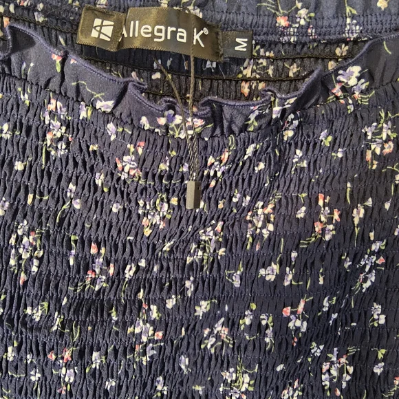 NWOT Size Medium Allegra K Navy Floral Long Sleeve Smocked Mini Dress - Picture 7 of 7